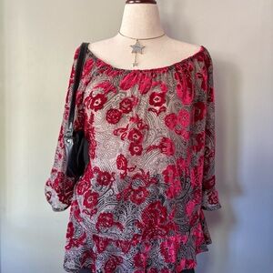 Crimson red sheer velvet & paisley print off the shoulder blouse